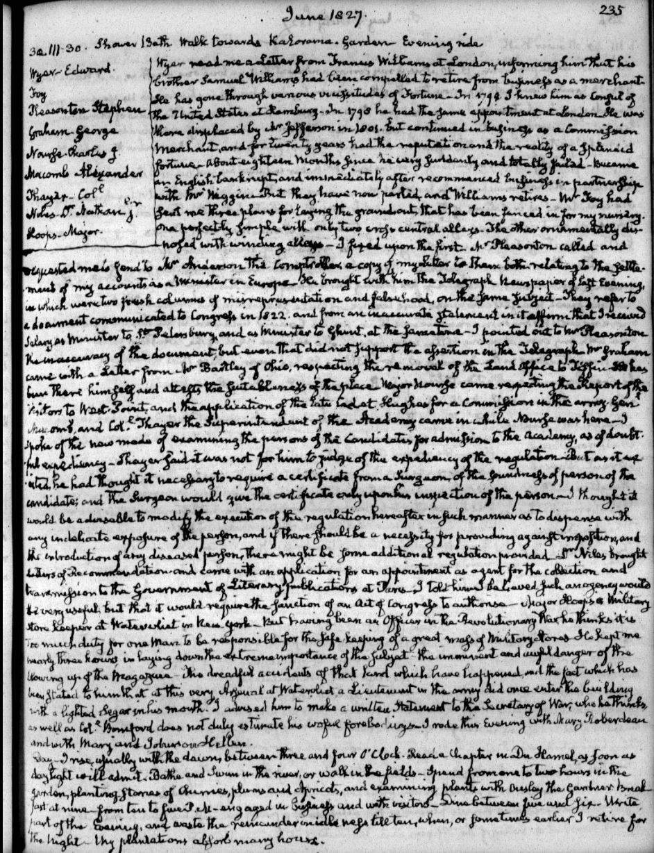 June 1827 diary entry by John Quincy Adams detailing correspondence and appointments.