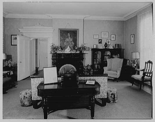 John Tyler's parlor: fireplace, desk, armchair, and window