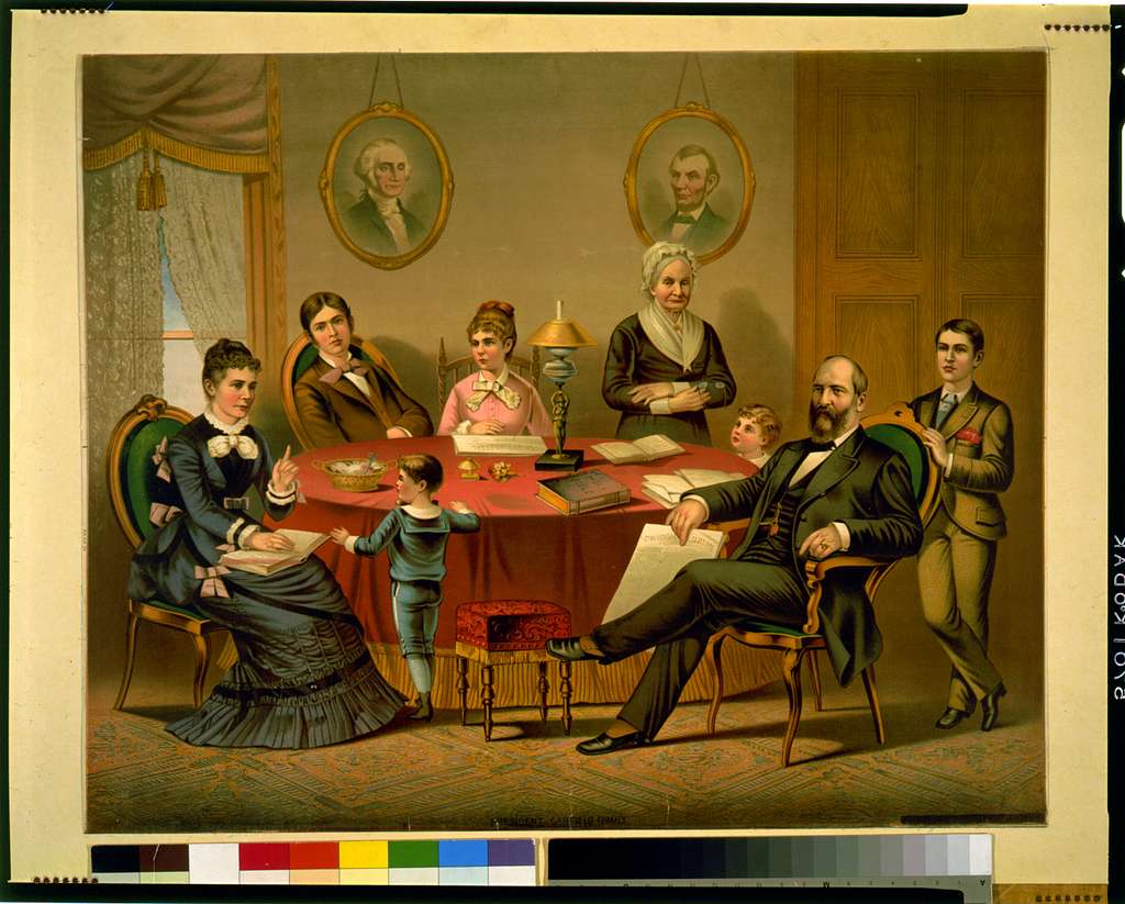 James A. Garfield family portrait, 1880s, with ancestors in portraits.