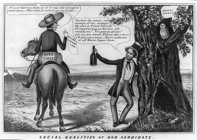 Franklin Pierce cartoon: man on horse confronts man with bottle near tree with owl.
