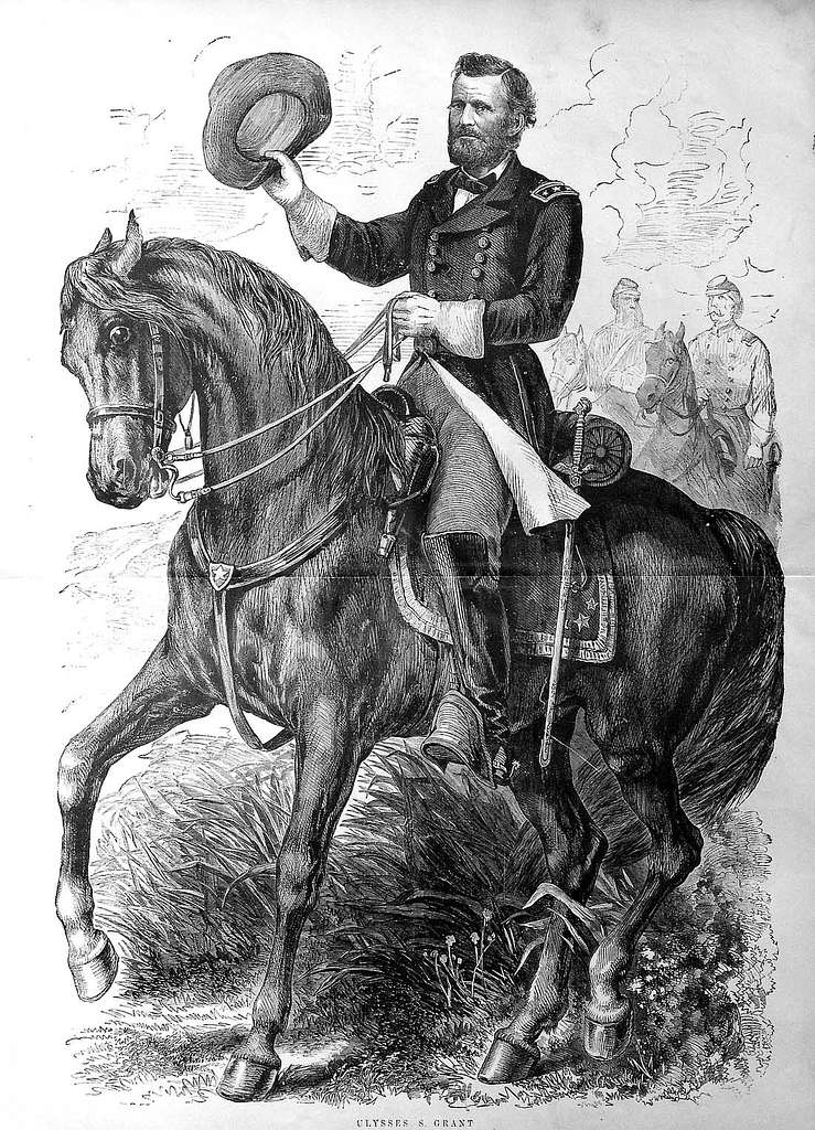 Ulysses S. Grant on horseback, tipping his hat, with soldiers in background.