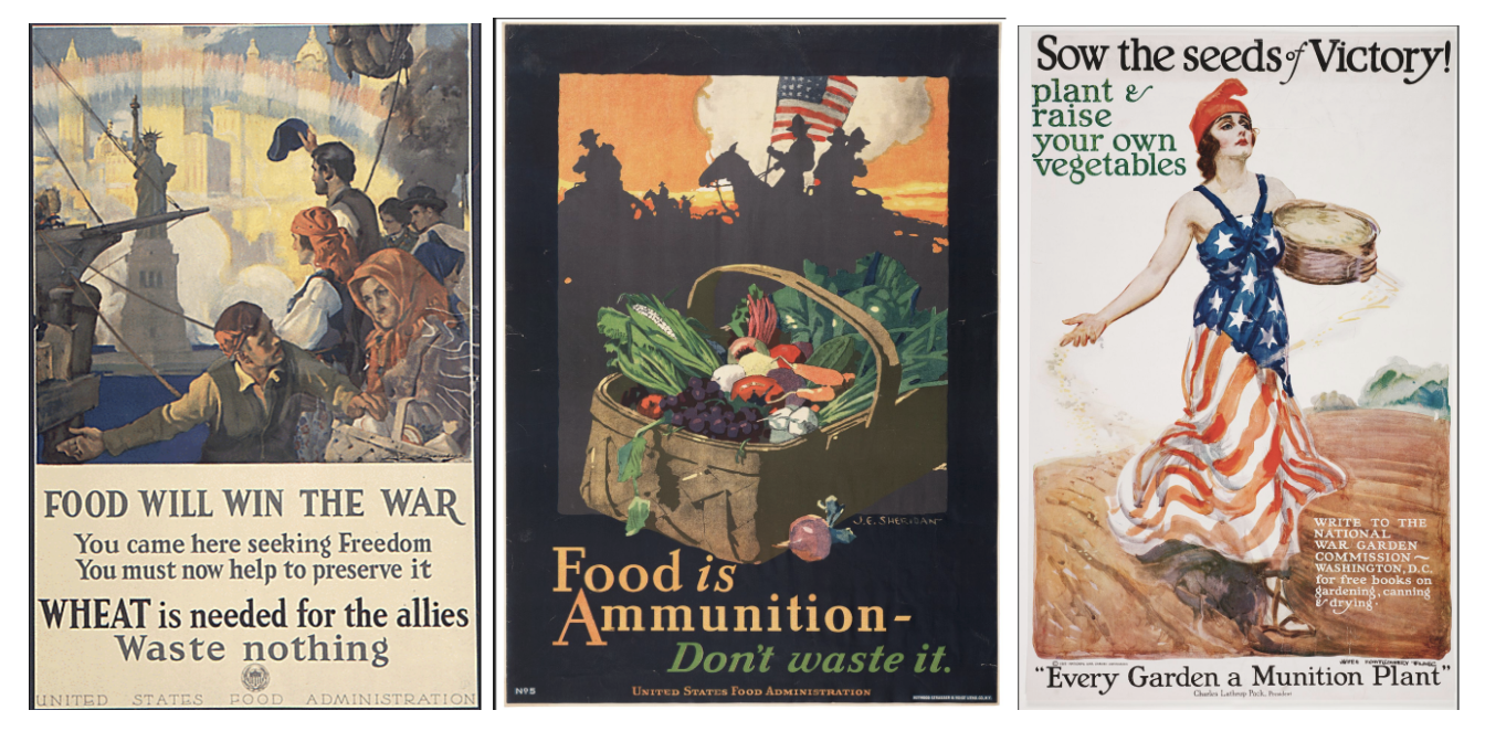 US Food Administration posters: "Food Will Win the War," "Food is Ammunition," and "Sow the Seeds of Victory.