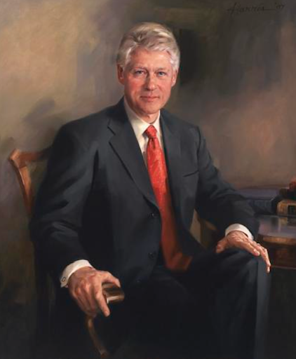 Official portrait of Bill Clinton in a dark suit and red tie
