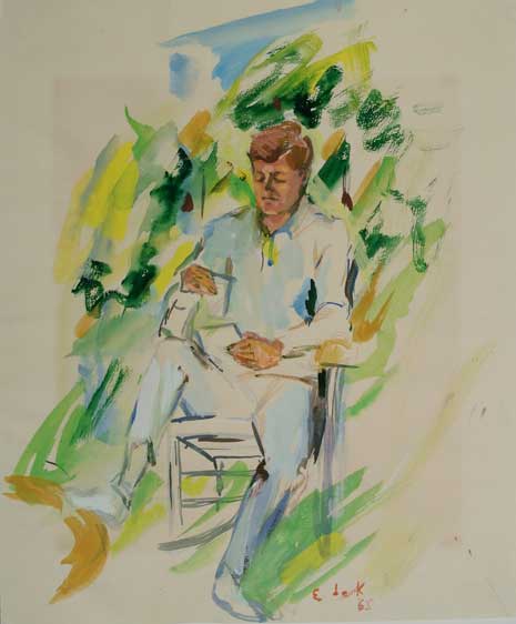 John F. Kennedy sitting outdoors reading a book, painted in loose brushstrokes.