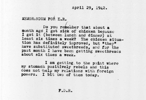 FDR memo dated April 29, 1942, about food complaints.