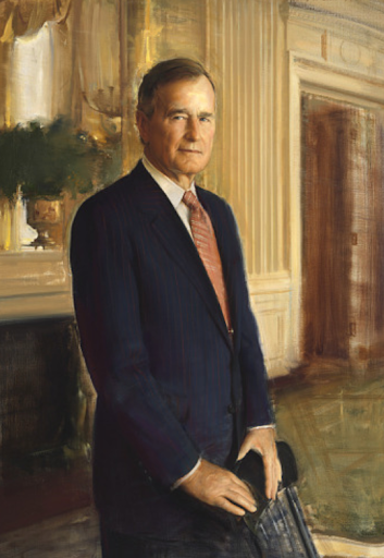 Official portrait of George H. W. Bush in a suit, standing indoors.