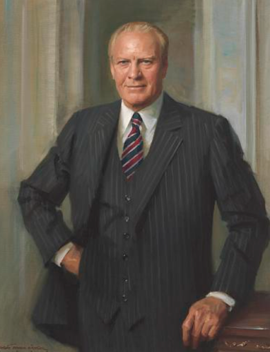 Official portrait of Gerald Ford in a pinstripe suit and striped tie.