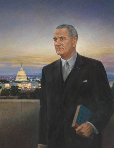 Lyndon B. Johnson in a suit, holding a book, with the U.S. Capitol at dusk.