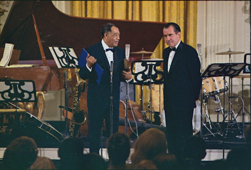 Duke Ellington presents an award to President Richard Nixon at the White House