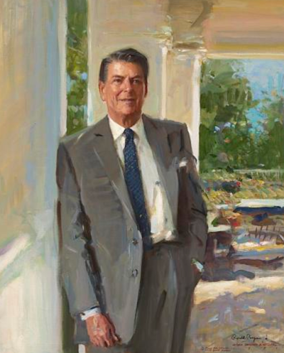 Official portrait of Ronald Reagan in a suit, standing outdoors.