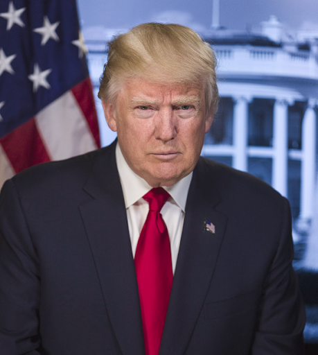 Donald Trump in a suit and red tie with the American flag and White House in the background.