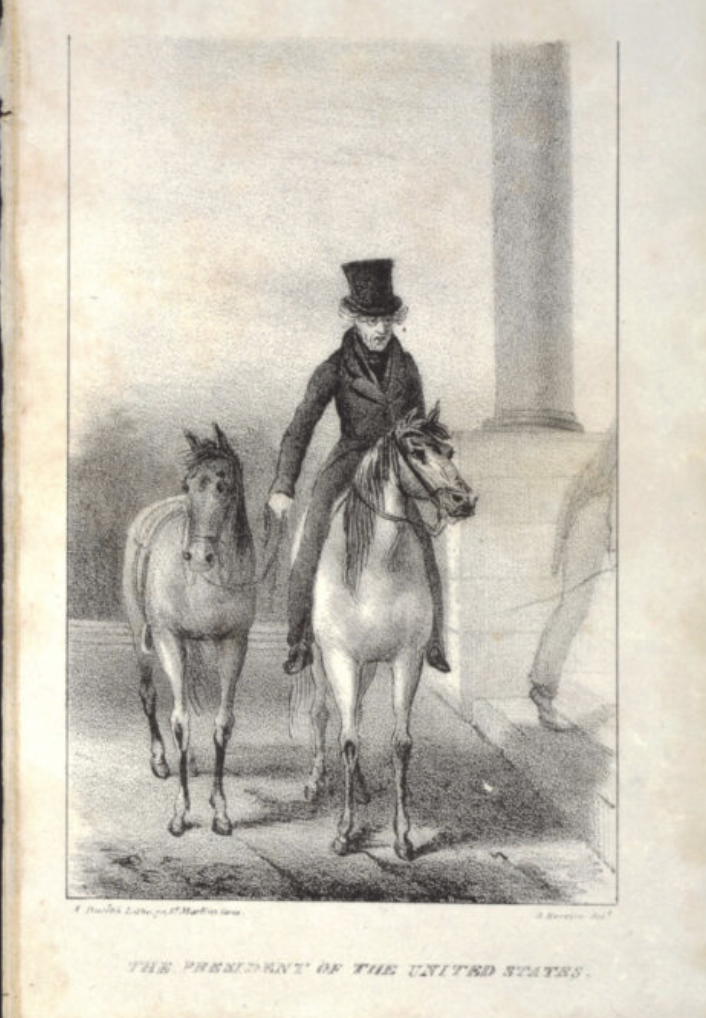President of the United States on horseback, with a second horse, in front of a building.