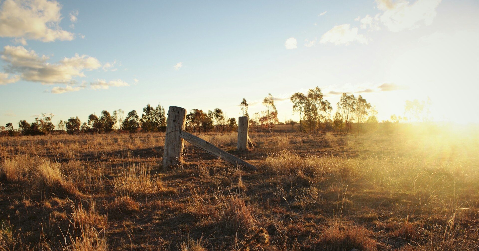 Golden hour sunset over a dry, grassy field with a weathered wooden fence post