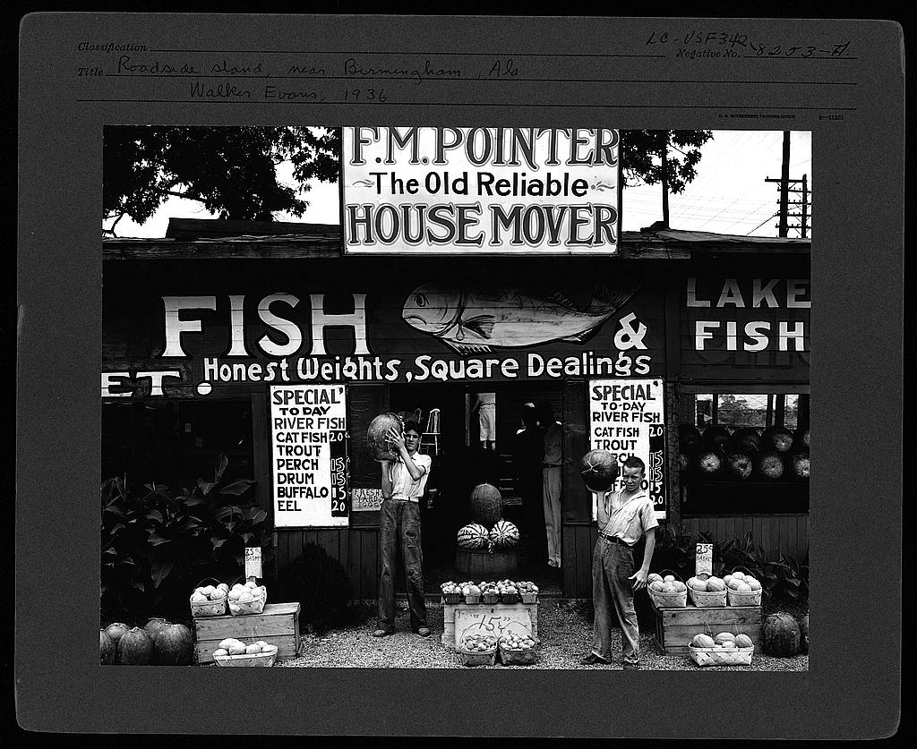 Roadside stand in Birmingham, Ala., 1936, selling fish and produce.